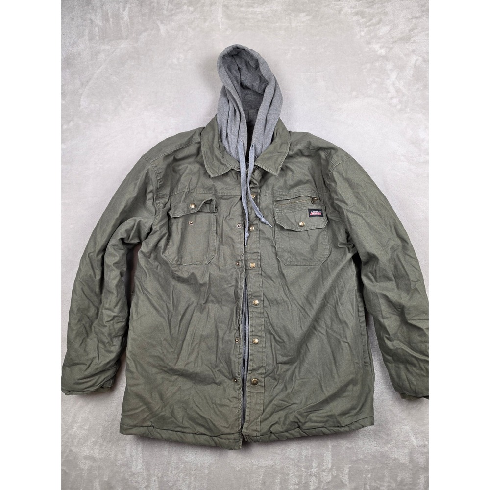 Dickies Hooded Work Jacket Mens XL Green Quilted Lined Workwear Coat Full Zip